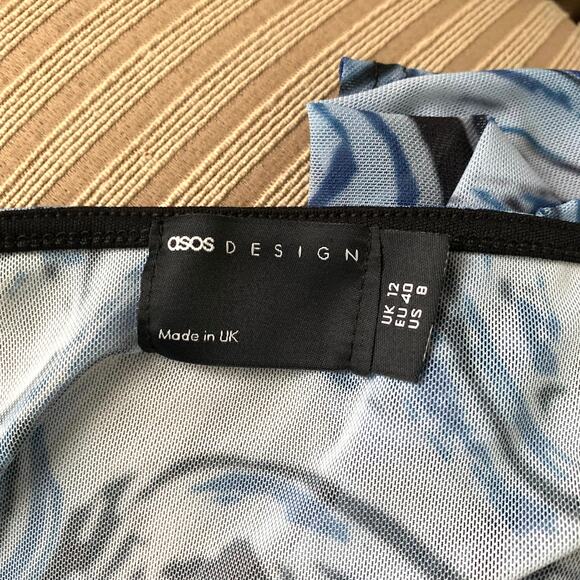 ASOS DESIGN Long Sleeve Mesh Midi Dress with Tie Waist Detail Blue Swirl Print - Picture 10 of 12